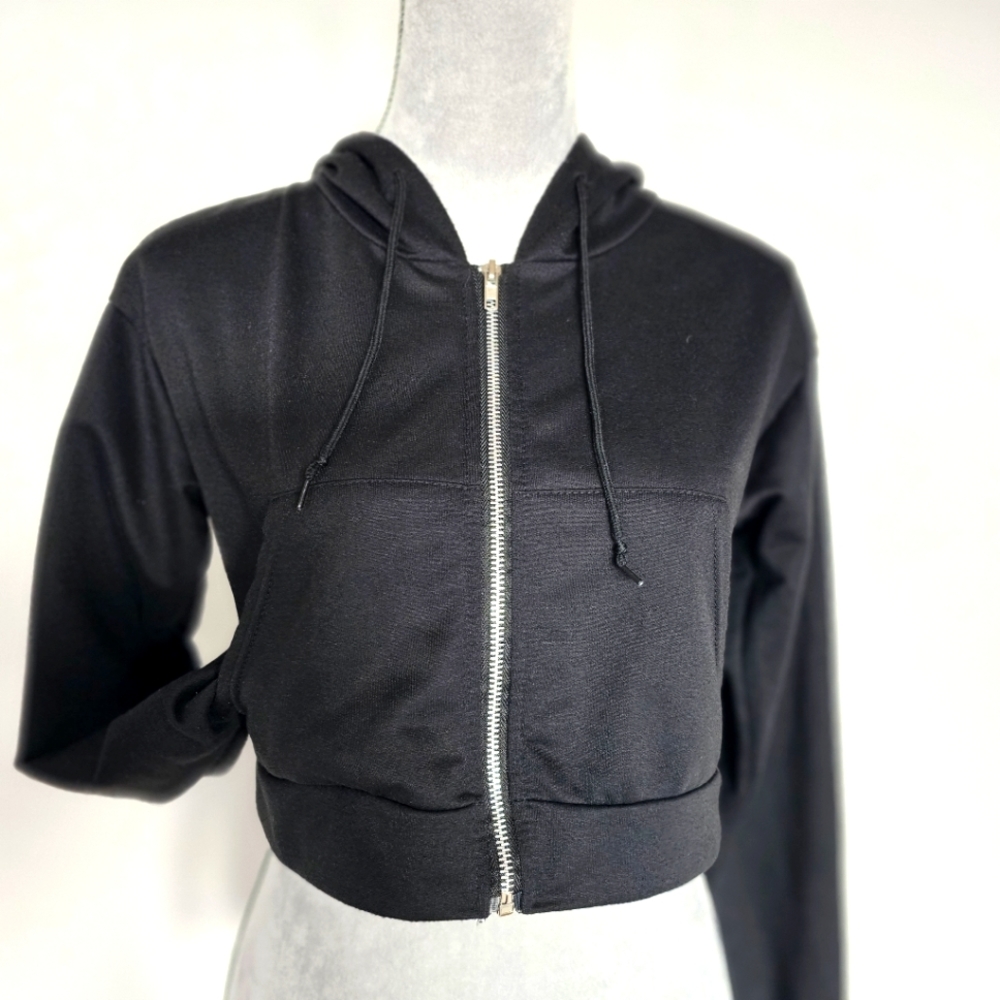 Women S Black Cropped Full Zip Knit Pullover Kangaroo Pocket Hoodie